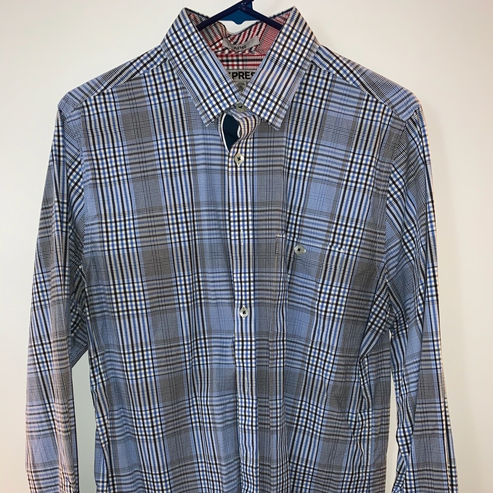 Express Black Blue and White Plaid Button Down